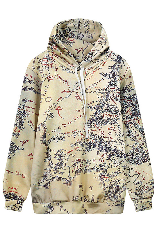

New Drawstring Hooded Map 3D Printed Long Sleeve Hoodie Sweatshirt, Beige