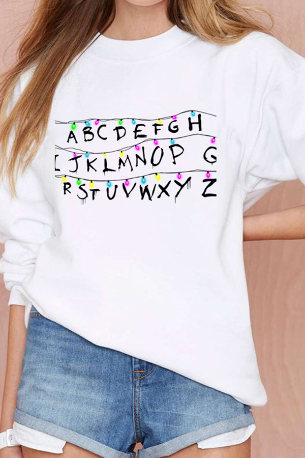Womens Casual Alphabet Colorful Lights Printed Long Sleeve Regular Pullover Sweatshirt Beautifulhalo Com