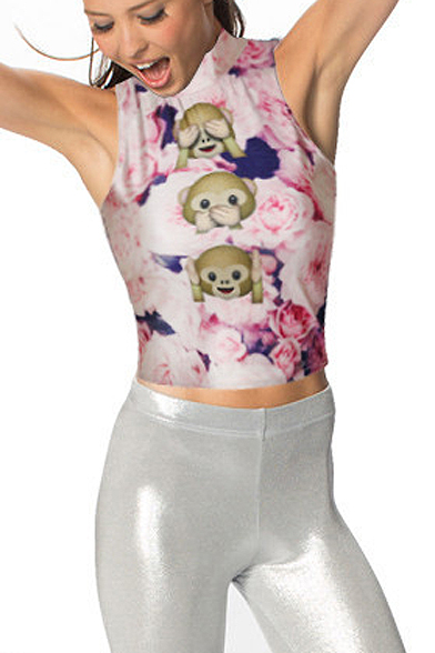 

Pink High Collar Rose Baby Monkeys Print Tank