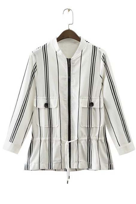 

New Style Vertical Striped Tied Waist Zipper Placket Stand-Up Collar, White