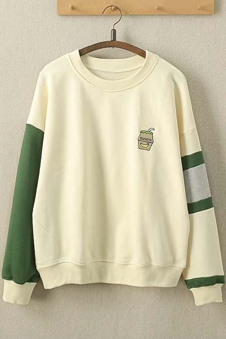 

Contrast Long Sleeve Embroidery Banana Juicy Pullover Sweatshirt with, Yellow