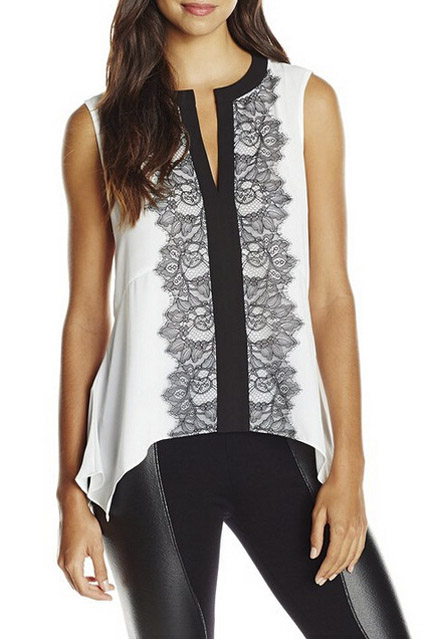 

V-Neck Chiffon Patchwork High Low Hem Fashion Sleeveless T-Shirt, White