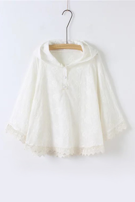 

Embroidery Floral Lace Patchwork Hooded Plain Batwing Sleeve Cape, White