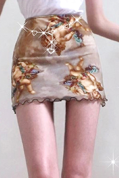 Mesh mini Skirt Baby angel printed Ruffle Bodycon skirt S-L skirt Wom casi m nuevo