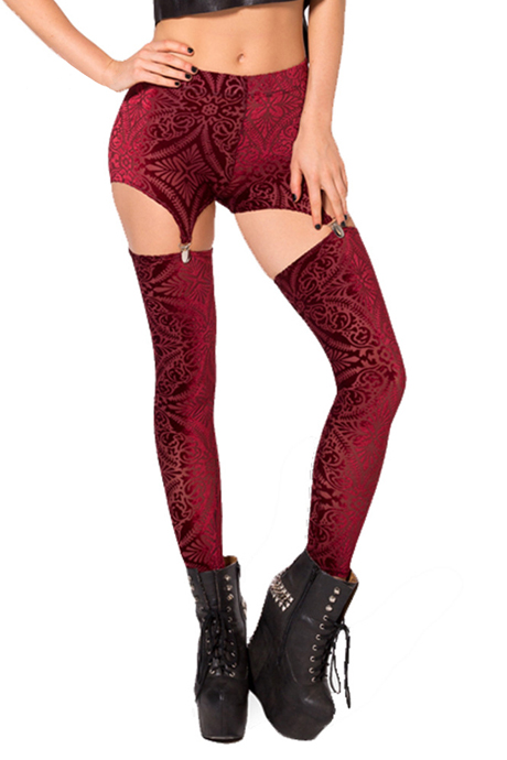 

Suspender Button Red Velvet Geo-Tribal Print Leggings