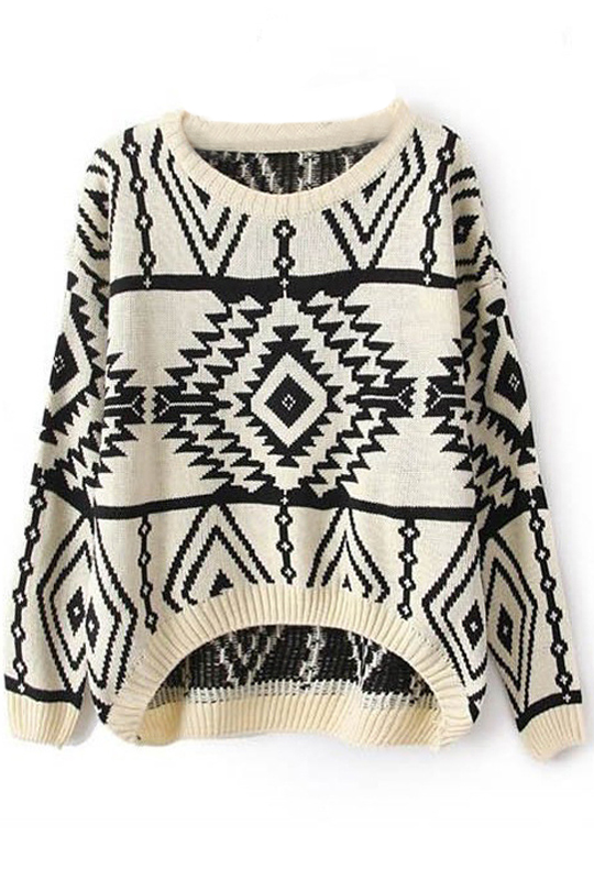 

Round Neck Geometric Jacquard Dip Hem Sweater, Beige