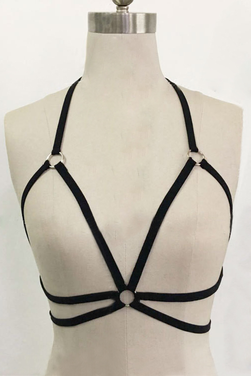 

New Stylish Cutout Elastic Strappy Halter Open Back Plain Bra, Black