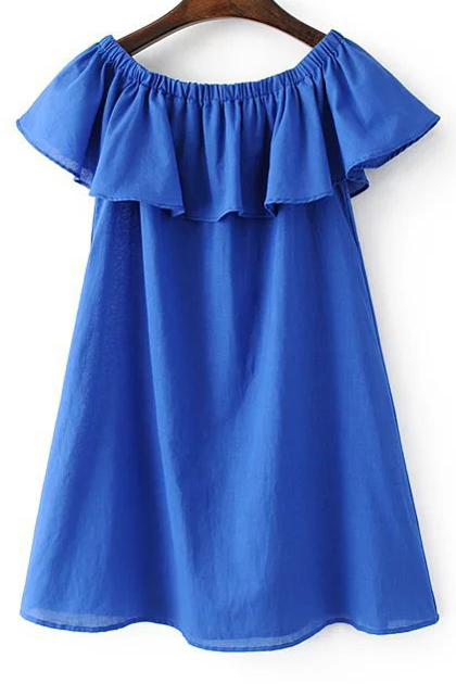 

Summer's Boat Neck Ruffle Hem Plain Mini A-Line Dress, Blue