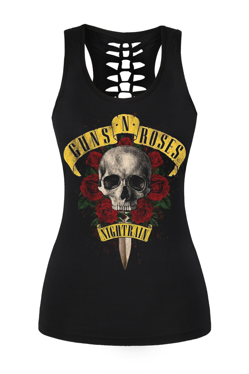 

Hot Fashion Floral Skull Printed Scoop Neck Hollow Out Back Sports, Black