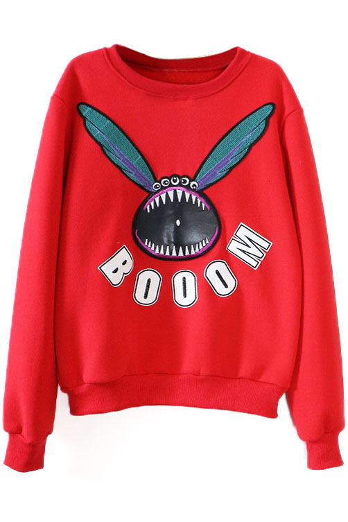 

Round Neck Long Sleeve Cartoon Print Sweatshirt, Red