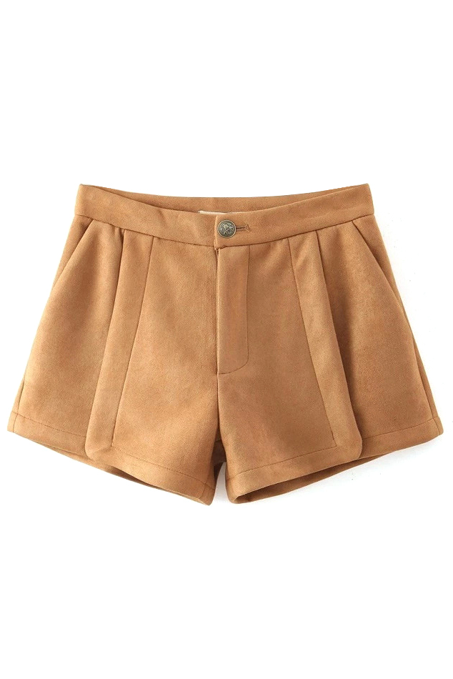 

Zipper Fly Plain Mid Waist Suede Loose Shorts, Khaki