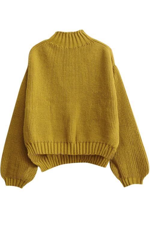 

High Neck Long Balloon Sleeve Plain Dip Hem Loose Sweater, Yellow