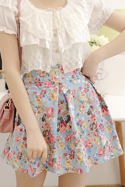 

Fashion Women A-line Floral Inverted Pleated Swing Skater Skirt, Light blue