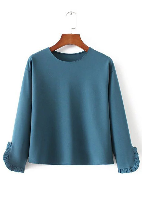 

Round Neck Ruffle Cuff Pullover Plain Loose Blouse, Blue