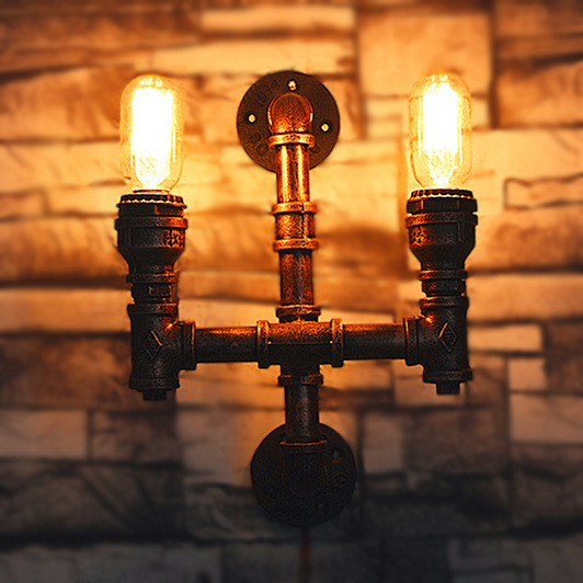 

Two Light Iron Tube Bare Bulb Style Wall Sconce Industrial Hallway