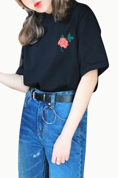 

New Fashion Retro Rose Embroidered Round Neck Short Sleeve Basic, Black