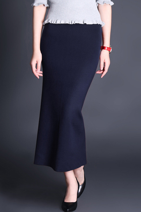 

Elegant Fashion Plain Midi Bodycon Knitted Skirt, Navy