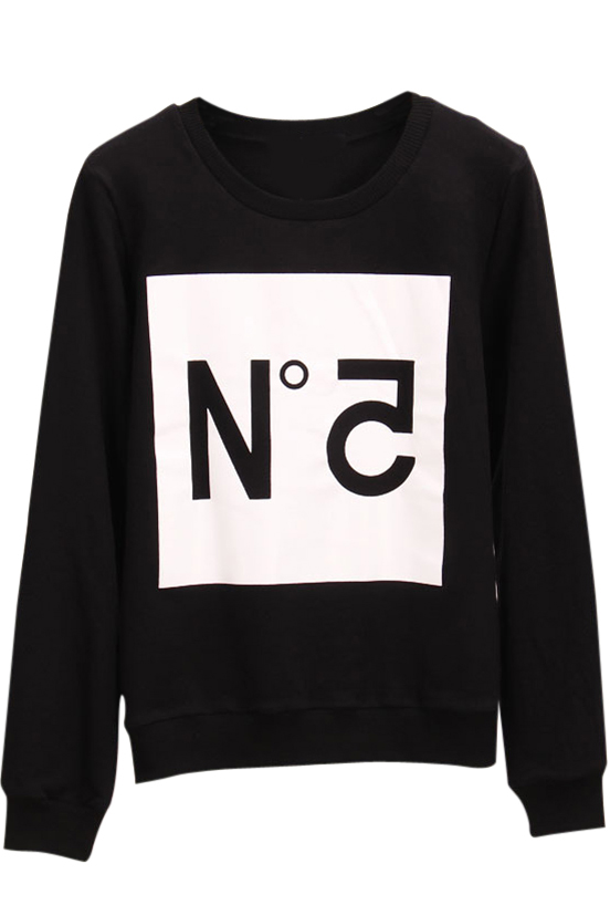 

Letter Print Long Sleeve Round Neck Sweatshirt, Black