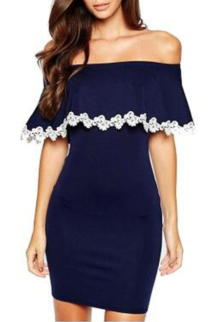 

Women Off Shoulder Ruffle Lace Trim Dress Short Sleeve Bodycon Midi, Dark navy