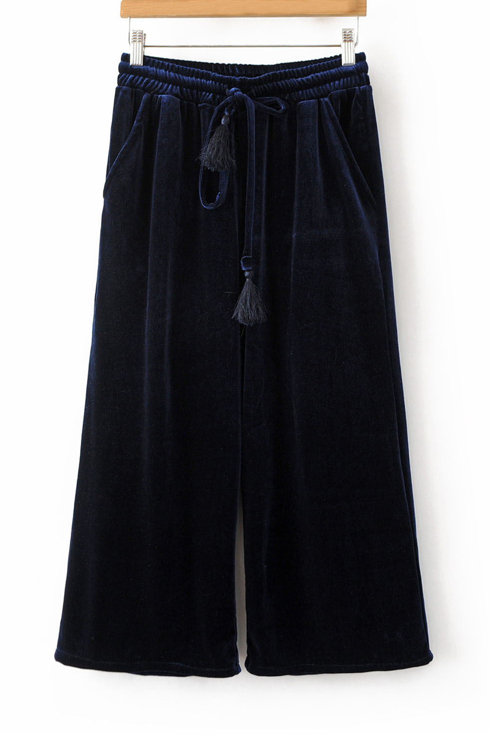 

Fashion Drawstring Elastic Waist Plain Cropped Wide Leg Pants, Navy