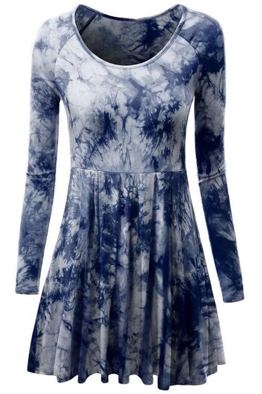 

Tie-Die Floral Printed Raglan Long Sleeve Round Neck Midi Skater Dress, Navy