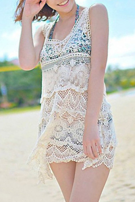 

New Arrival Hollow Out Lace Sleeveless V-Neck Plain Beach Cover Up, Beige