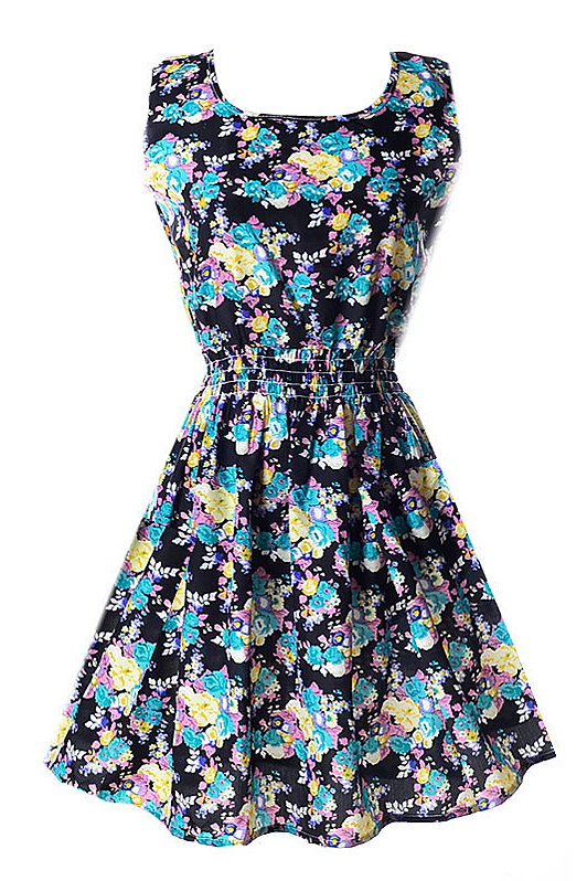 

Black Sleeveless Blue&Yellow Flora Print Dress