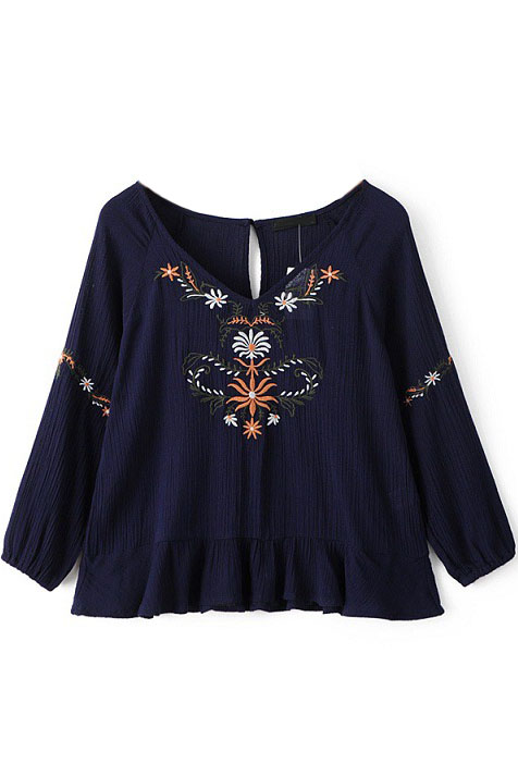 

V-Neck 3/4 Length Sleeve Floral Embroidery Blouse, Navy