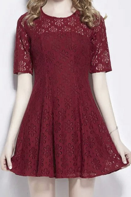 

Plain Sheer Panel Round Neck Lace Skater Dress, Red