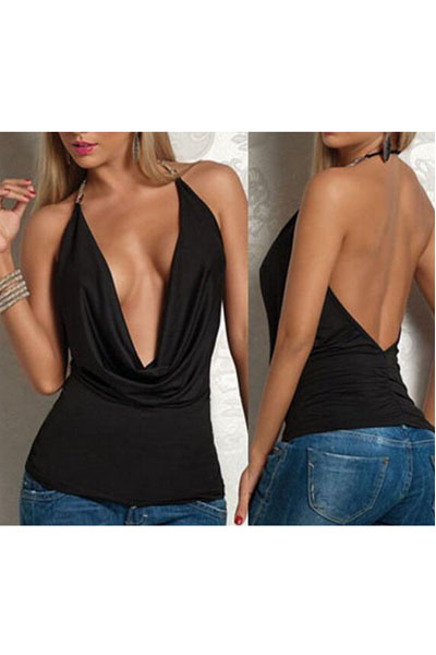 

Sexy Halter Plunge Cowl Neck Backless Top, Black