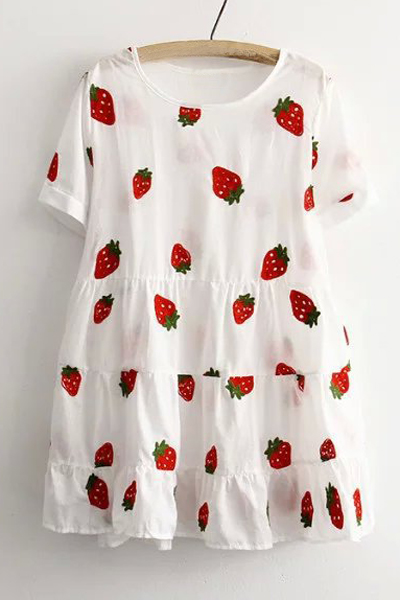 

Sweet Strawberry Print Short Sleeve Round Neck Ruffle Dress, White