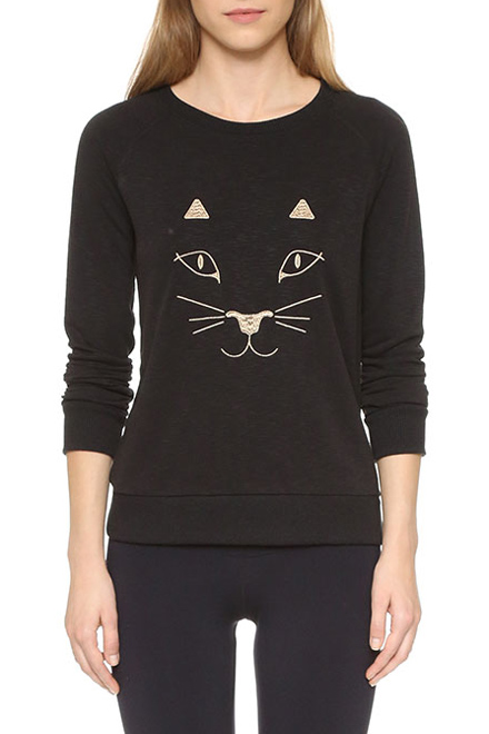 

Fashion Cat Embroidery Round Neck Long Sleeve Sweatshirt, Black