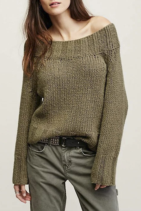 

Women's off Shoulder Long Sleeve Loose Knitted Sweater, Army green