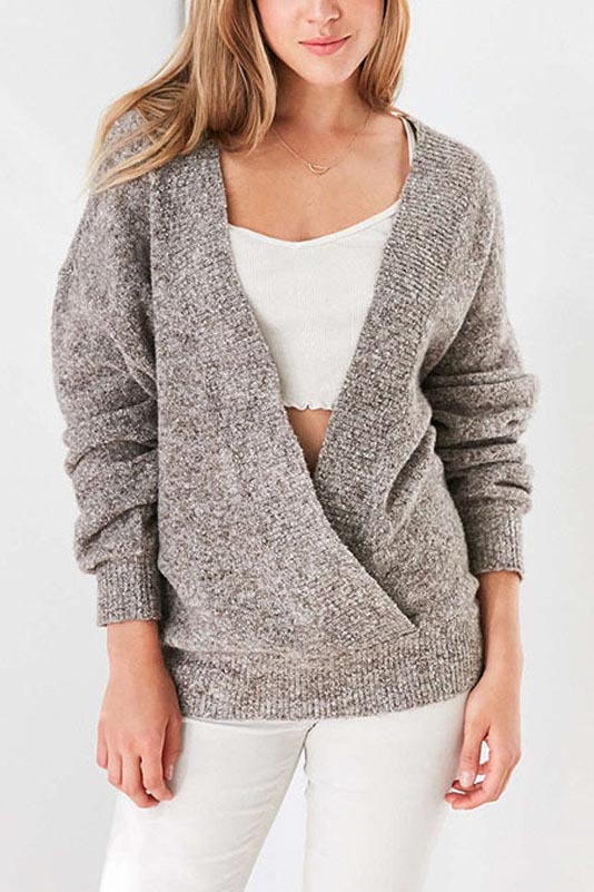 

New Stylish V-Neck Wrap Front Long Sleeve Plain Pullover Sweater, Gray