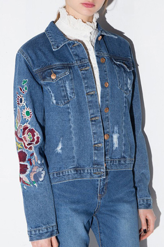 

Retro Style Embroidery Floral Single Breasted Lapel Ripped Denim, Blue