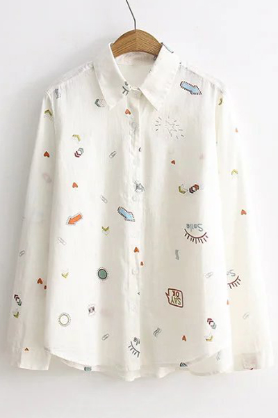 

New Fresh Cartoon Printed Lapel Single Breasted Long Sleeve Shirt, White