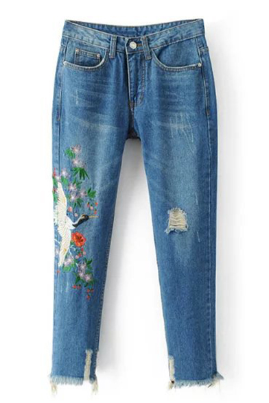 

Embroidery Crane Floral Pattern Ripped Destroyed Cuffs Mid Waist Jeans, Blue