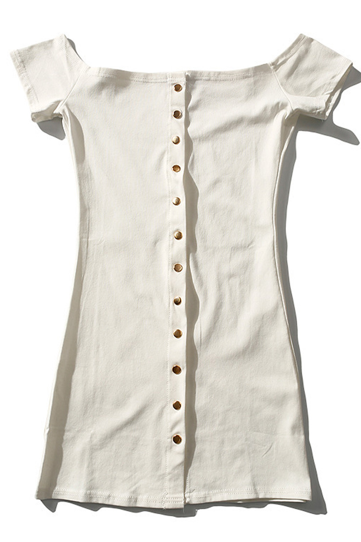 

New Stylish Single Breasted Short Sleeve Square Neck Plain Tunic Top, White
