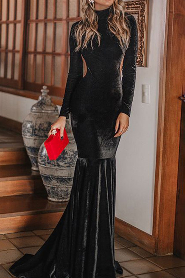 long sleeve floor length black dress