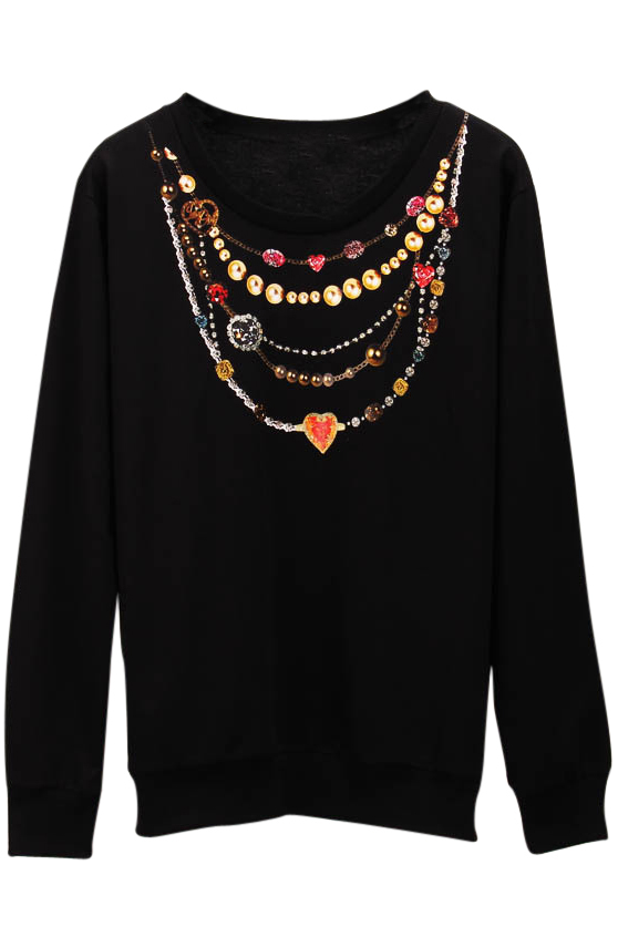 

Necklace Print Long Sleeve Round Neck Sweatshirt, Black