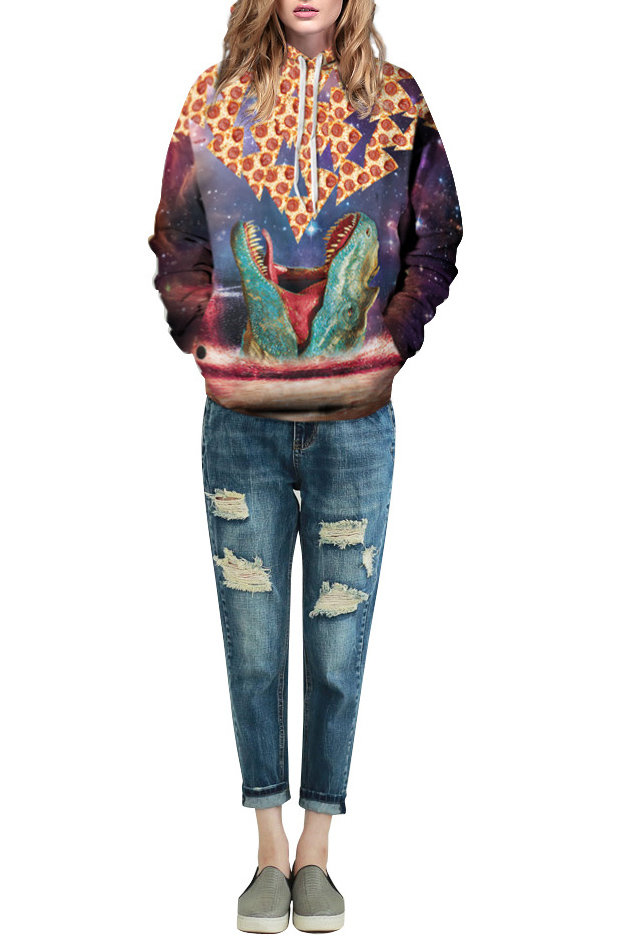 

Dinosaur & Food Galaxy Print Hooded Long Sleeve Sweatshirt, Black