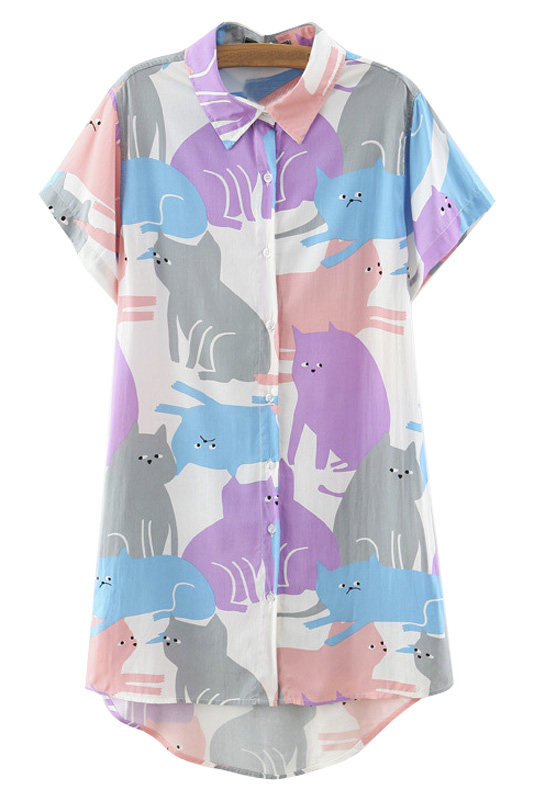 

Lapel Color Block Cat Print Short Sleeve Dip Hem Tunic Shirt, White