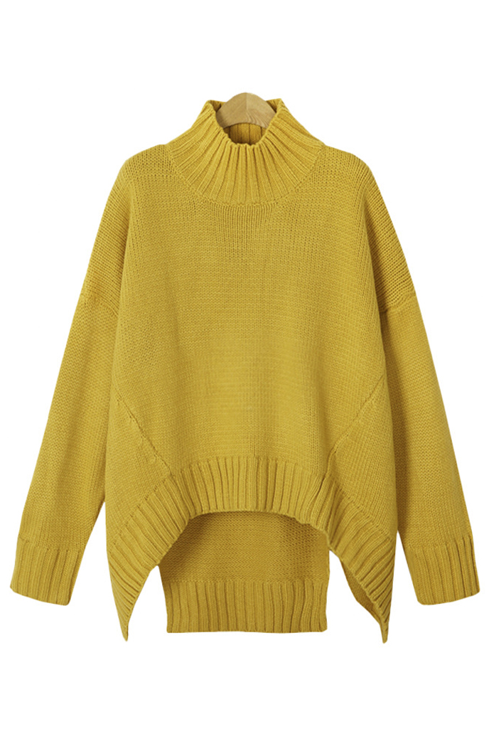 

New High Neck Split Back High Low Hem Plain Asymmetric Sweater, Yellow