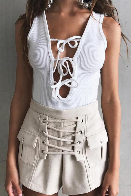 

Sexy Plunge V-Neck Tied Front Sleeveless Plain Bodysuits, White