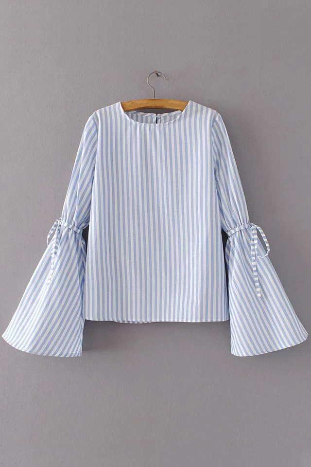 

Fashion Vertical Striped Bell Long Sleeve Round Neck Keyhole Back Top, Blue