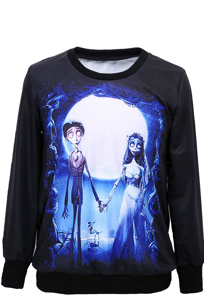 

Corpse Bride Pattern Round Neck Long Sleeve Sweatshirt, Black