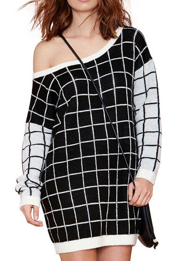 

Plaid Print Boat Neck Long Sleeve Tunic Knit Dress, Black