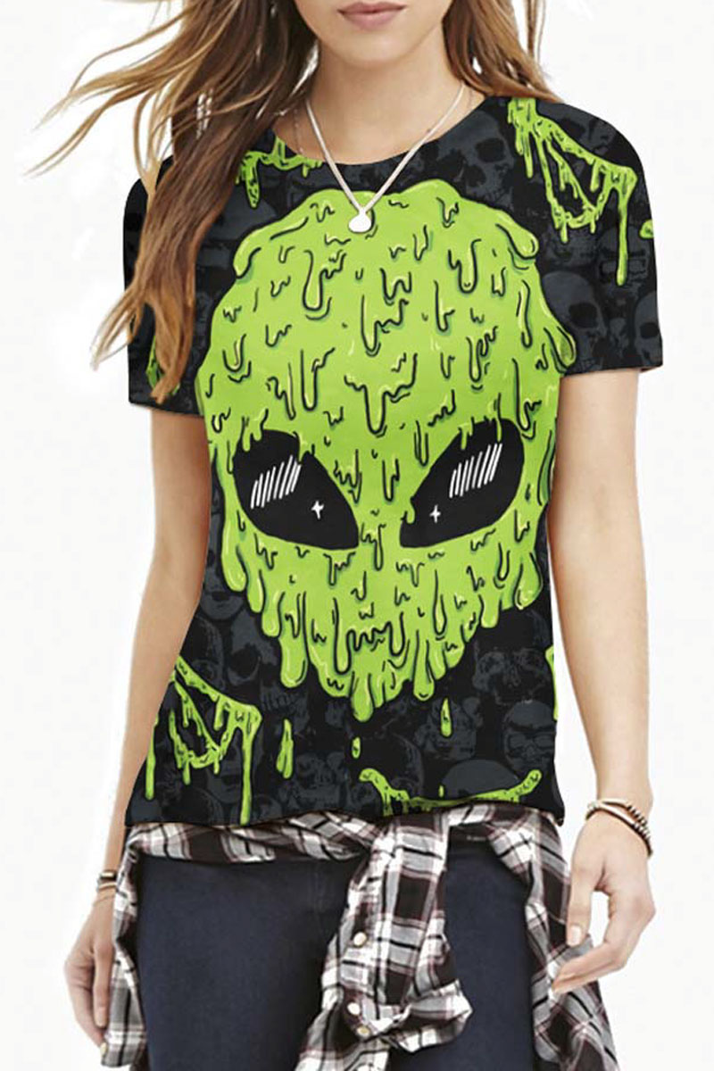 

Green Alien & Skull Print Short Sleeve Slim Tee