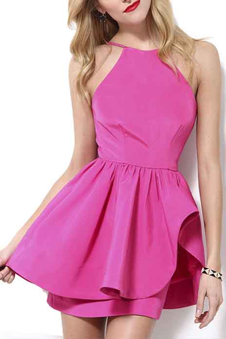 

Hot New Release Fashion Ruffle Hem Sweet A-Line Plain Sexy Mini Dress, Rose red