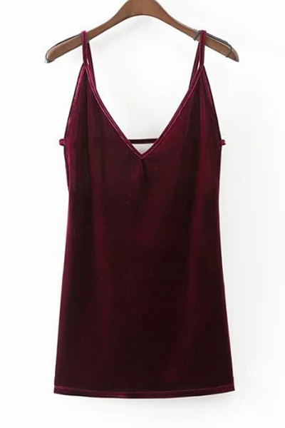 

Fashion V-Neck Open Back Pleuche Sexy Slip Dress, Burgundy